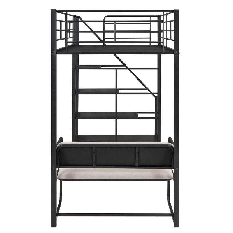 Twin Size Metal Loft Bed with Bench and Storage Staircase, Black