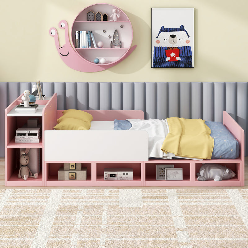 Wood Full Size Platform Bed with Storage Headboard, Guardrails and 4 Underneath Cabinets, Pink