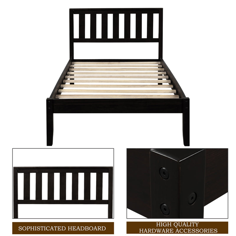 Twin Platform Bed With Headboard / Wood Slat Support - Espresso