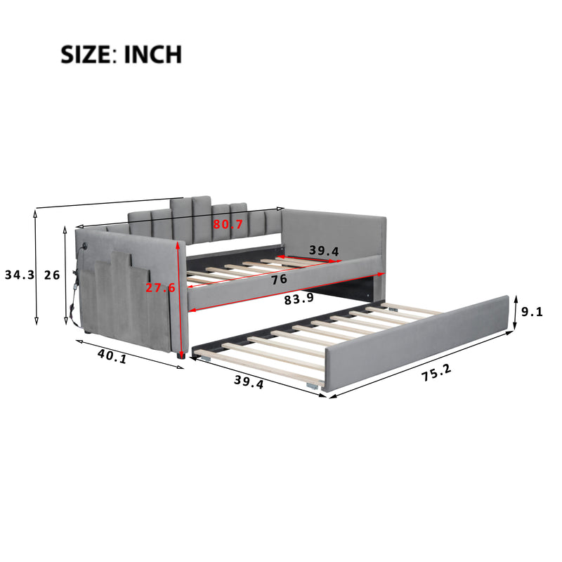 Twin Size Upholstered Daybed with Light and USB Port, Gray