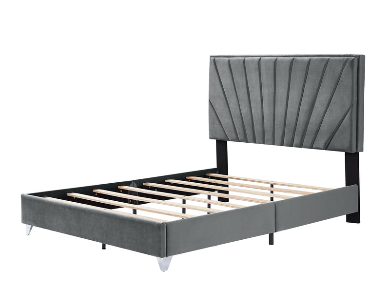 B108 Queen bed with two nightstands, Beautiful line stripe cushion headboard , strong wooden slats + metal legs with Electroplate