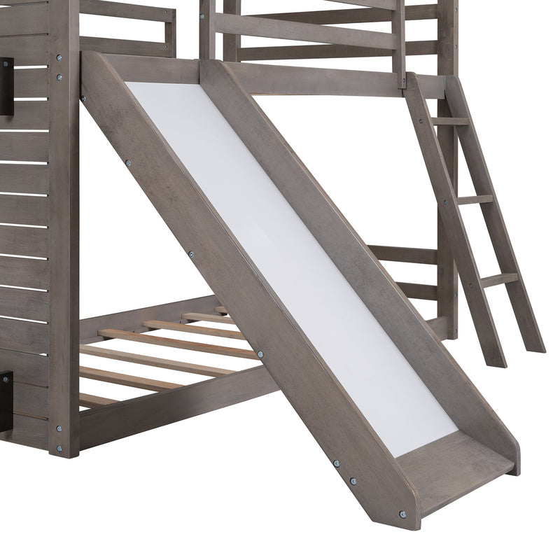 Twin Over Twin Bunk Bed Wood Bed with Roof, Window, Slide, Ladder ,Antique Gray(OLD SKU:LP000059AAE)