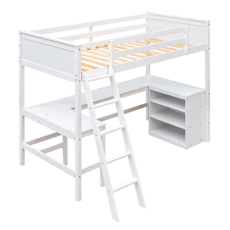 Twin size Loft Bed with Shelves and Desk, Wooden Loft Bed with Desk - White(OLD SKU:LT000537AAK)