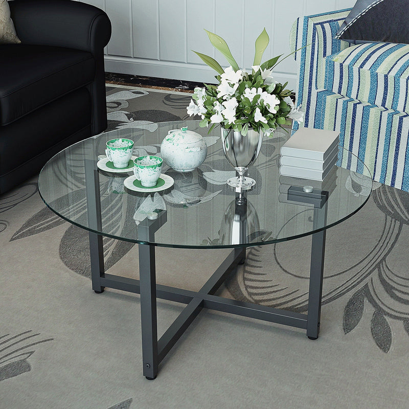 Jws-W241 Round Glass Coffee Table, Clear Coffee Table, Modern Side Center Tables For Living Room