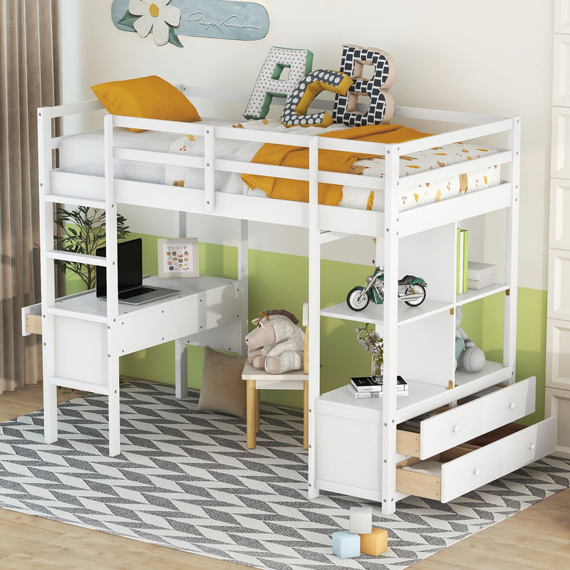 Twin  Size Loft Bed with Built-in Desk with Two Drawers, and Storage Shelves and Drawers,White