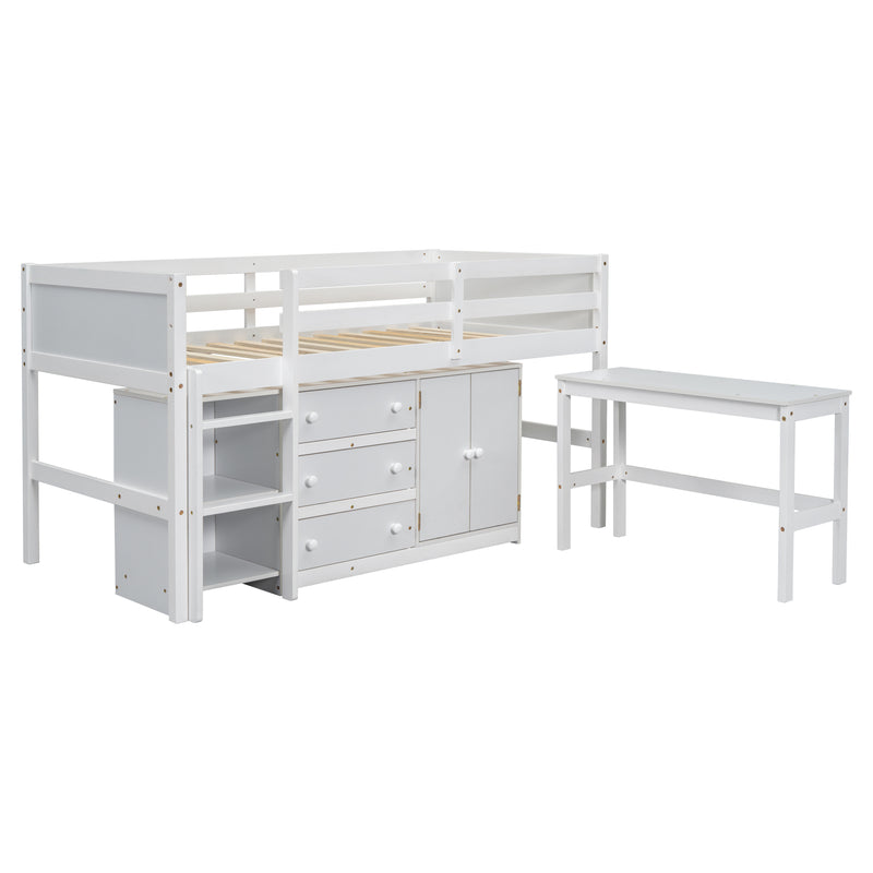 Twin Size Low Loft Bed With Pull-Out Desk, Drawers, Cabinet, and Shelves for White Color