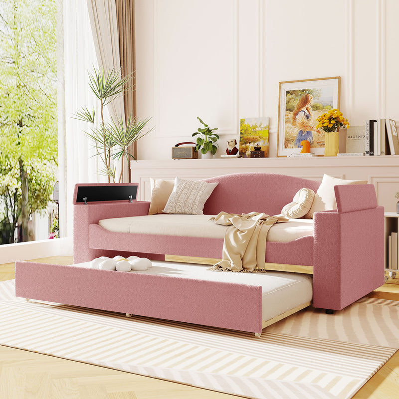 Twin Size Upholstered Daybed with Storage Armrests, Trundle and Latest Integrated Bluetooth Audio System, Teddy Fleece, Pink