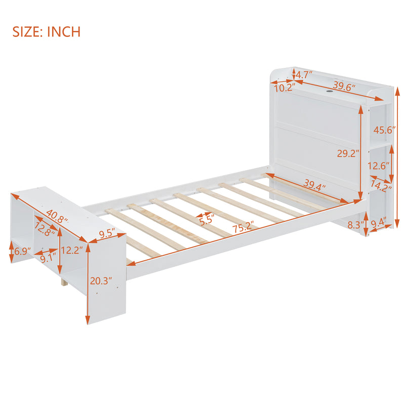 Twin Size Platform Bed with built-in shelves, LED Light and USB ports, White