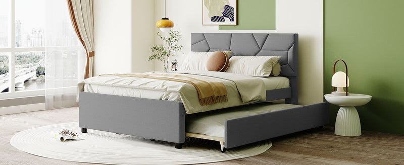 Upholstered Platform Bed With Brick Pattern Headboard And Twin Size Trundle, Linen