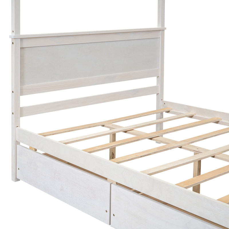 Wood Canopy Bed with two Drawers, Full Size Canopy Platform bed With Support Slats .No Box Spring Needed, Brushed White