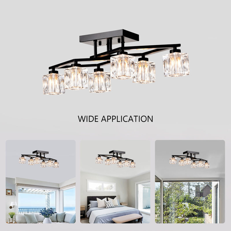 6 Light Crystal Ceiling Light For Dining Room, Modern Ceiling Lamp With Light Fixture For Farmhouse Entryway Living Room (6*G9 Bulbs Included) - Matte Black