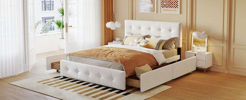 Queen Size Upholstered Platform Bed With Classic Headboard And 4 Drawers, No Box Spring Needed - White