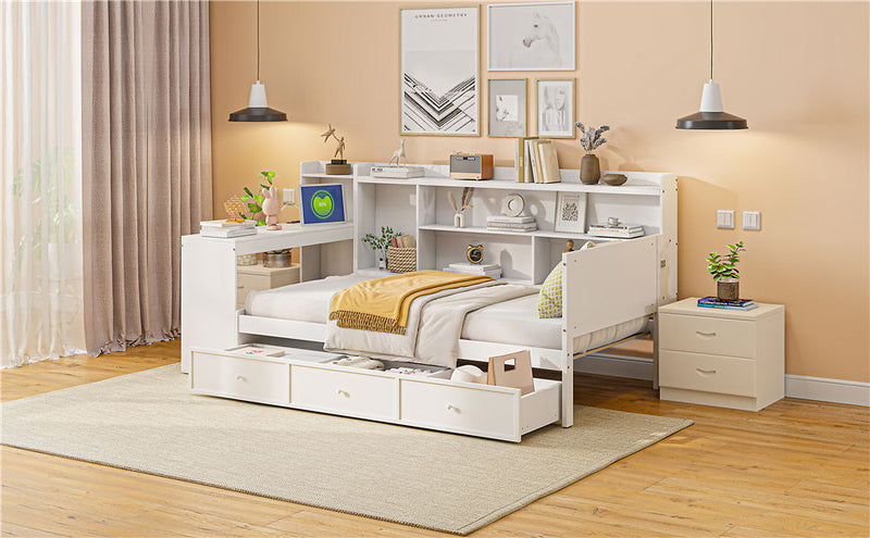 Twin Size Wooden Daybed With 3 Drawers, USB Ports And Desk - White