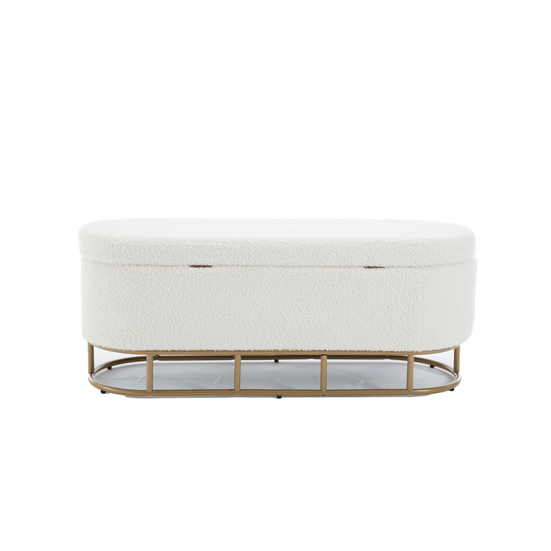 Oval Storage Bench For Living Room Bedroom End Of Bed, Sherpa Fabric Plush Upholstered Storage Ottoman Entryway Bench With Metal Legs