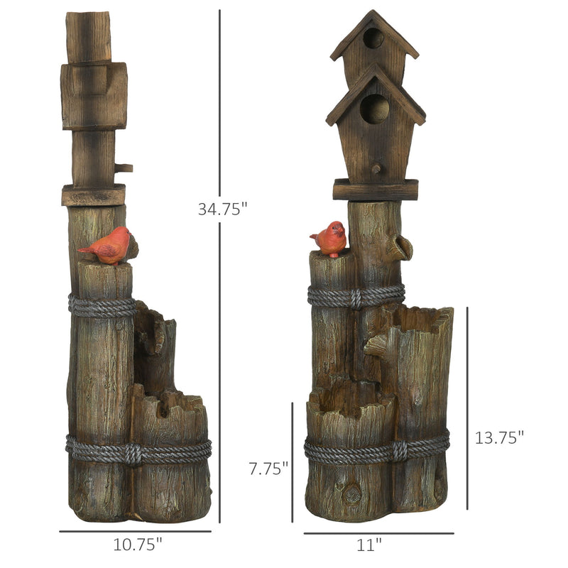 Outsunny - Outdoor Fountain With Birdhouse, Cascading Garden Waterfall Bird Bath With 3 Tier Rustic Tree Trunk / Log Design, LED Lights For Porch, Deck, Yard Decor - Brown