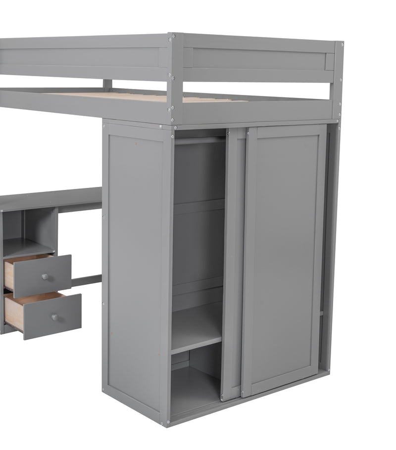 Wood Twin Size Loft Bed with Wardrobes and 2-Drawer Desk with Cabinet, Gray