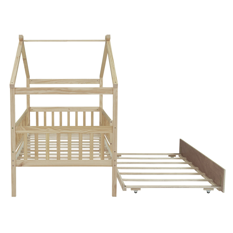 Twin Size Wooden House Bed with Twin Size Trundle, Natural