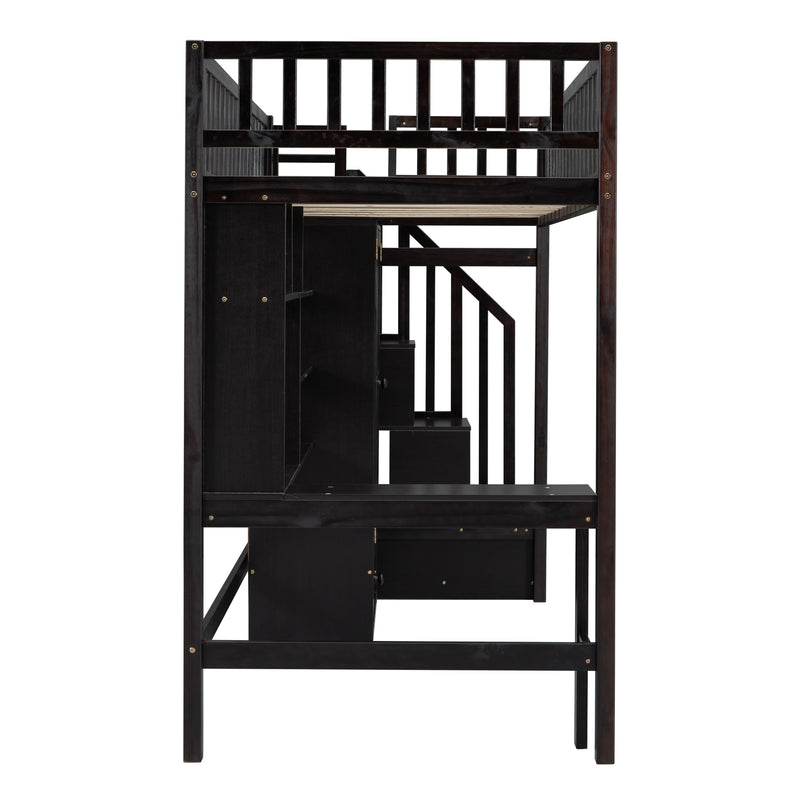 Twin size Loft Bed with Bookshelf,Drawers,Desk,and Wardrobe-Espresso