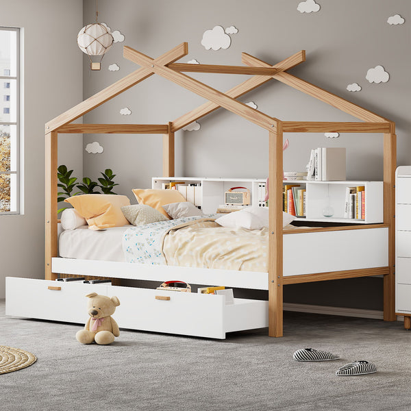 Twin Size Wooden House Bed Original Wood Colored Frame With Two Drawers And Bookshelf Storage Space For Children Or Guest Room - White