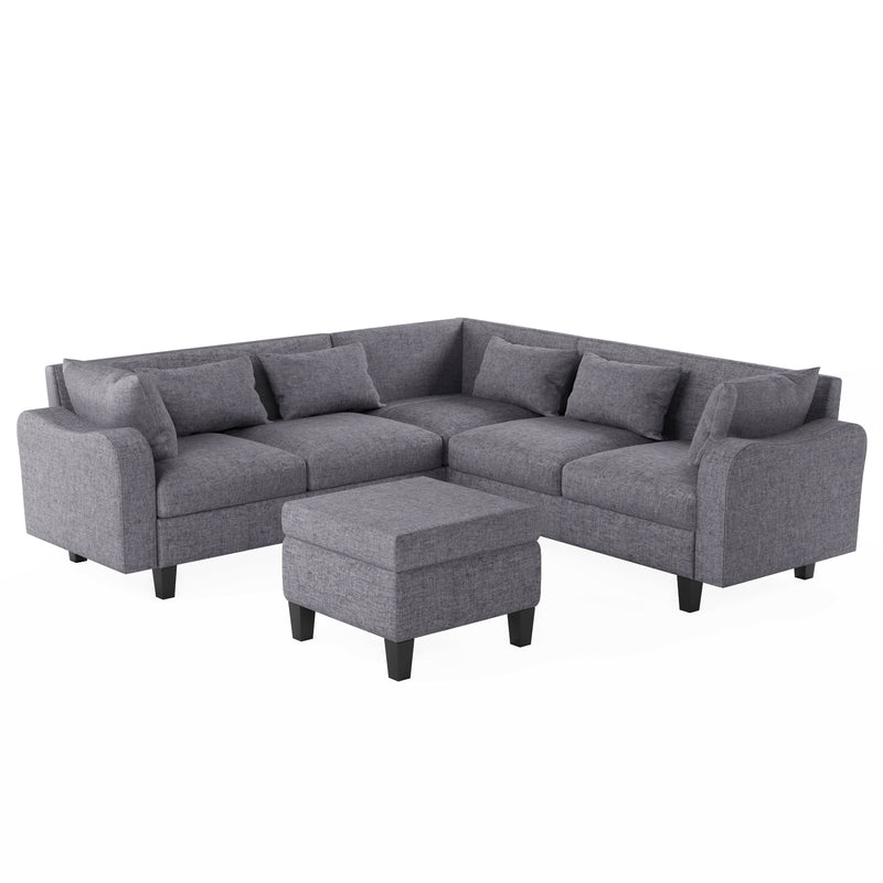 Modern Sectional Sofa With Coffee Table, 6 Seat Couch Set With Storage Ottoman, Various Combinations, L-Shape Indoor Furniture With Unique Armrests For Living Room (6 Pillows)