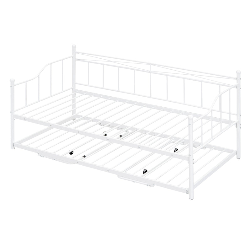 Twin Size Metal Daybed with Twin Size Adjustable Trundle, Portable Folding Trundle, White