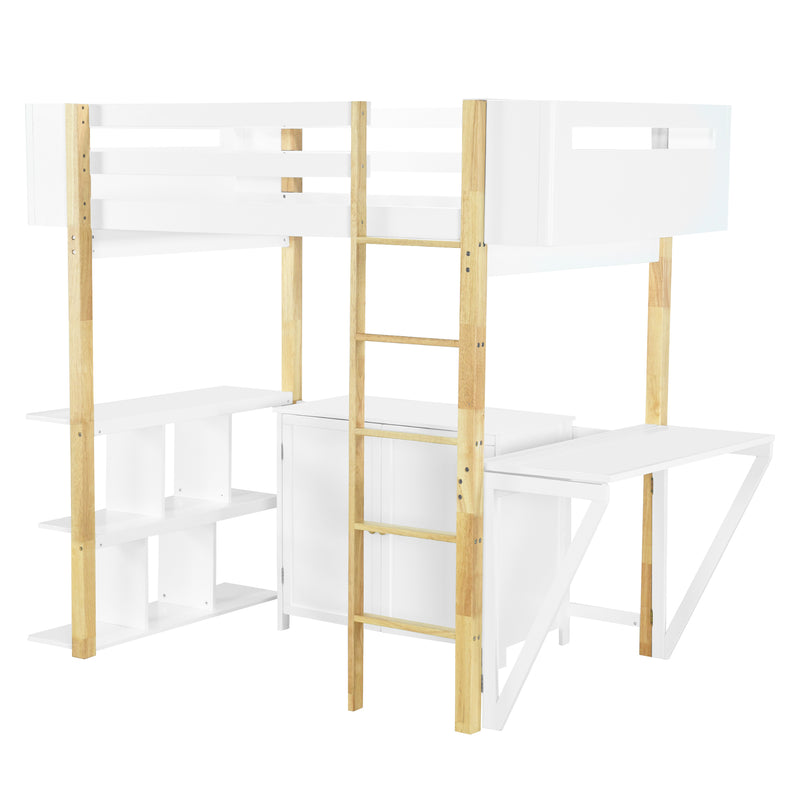 Twin Size Wood Loft Bed With Built-in Storage Cabinet and Cubes, Foldable desk, White