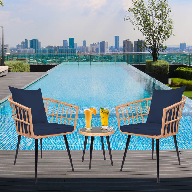 3 Piece Patio Bistro Set With Side Table, Outdoor PE Rattan Conversation Chair Set, Furniture Of Coffee Table With Glass Top, Cushions & Lumbar Pillows For Garden, Backyard, Balcony Or Poolside - Blue