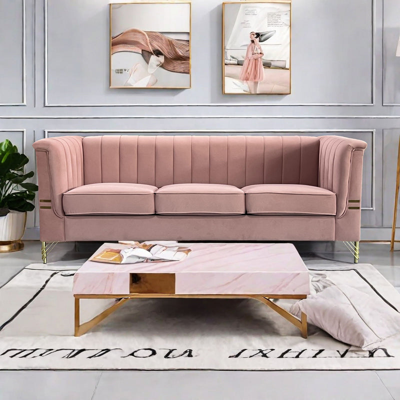 FX-P82-PK(SOFA) Modern Designs Velvet Upholstered Living Room Sofa, 3 Seat Sofa Couch With Golden Metal Legs For Home, Apartment Or Office - Pink