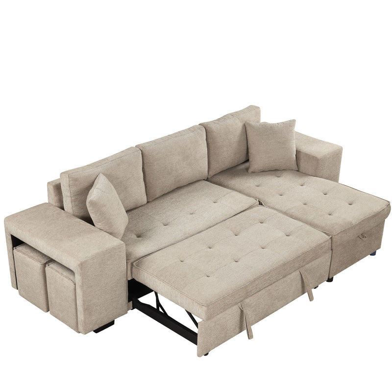 Modern L-Shape 3 Seat Reversible Sectional Couch, Pull Out Sleeper Sofa With Storage Chaise And 2 Stools For Living Room Furniture Set