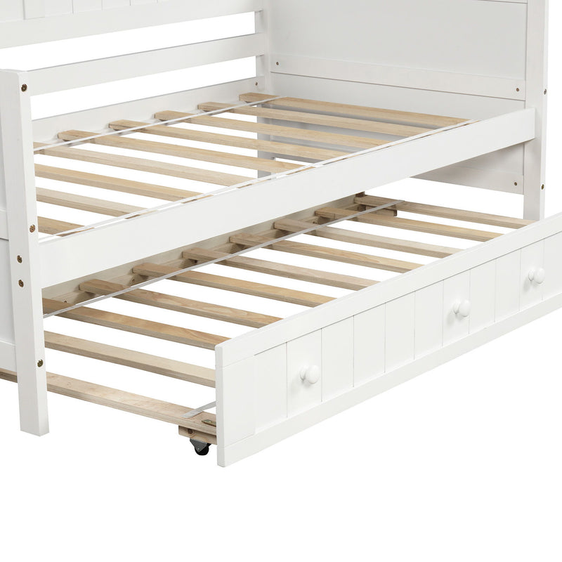 Twin Wooden Daybed With Trundle Bed, Sofa Bed For Bedroom Living Room - White