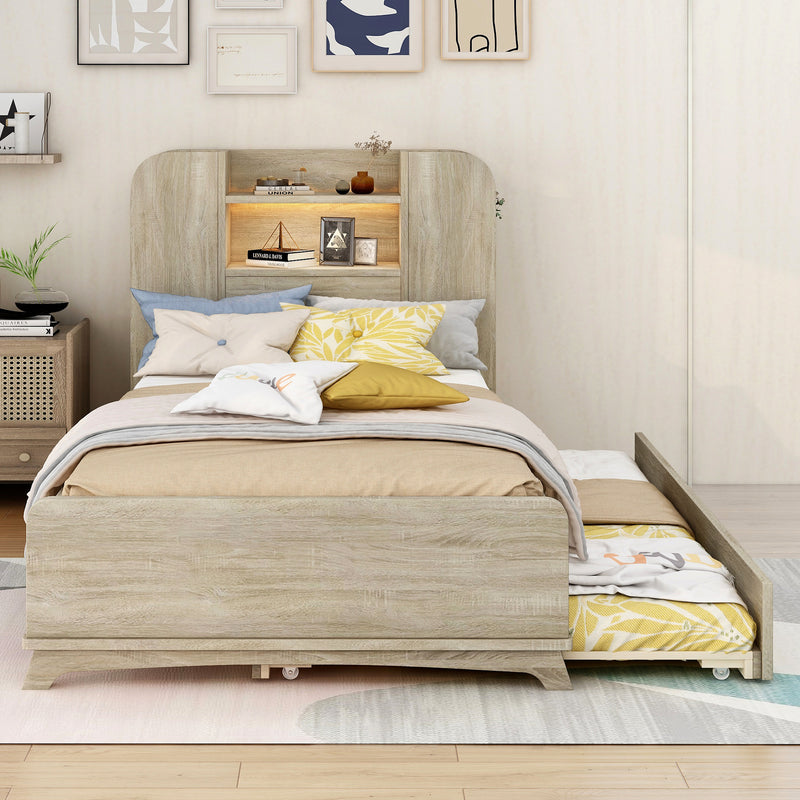 Twin Size Storage Platform Bed Frame with with Trundle and Light Strip Design in Headboard,Natural