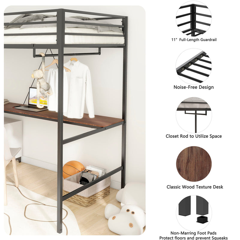 Adam - Twin Loft Bunk Bed With Cinnamon Wood Desk And Closet Rod - Black