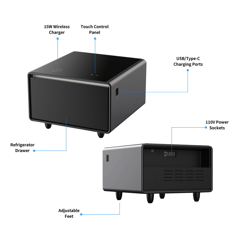 Modern Smart Side Table With Built-In Fridge, Wireless Charging, Temperature Control, Power Socket, USB Ports, Outlet Protection, Induction Light