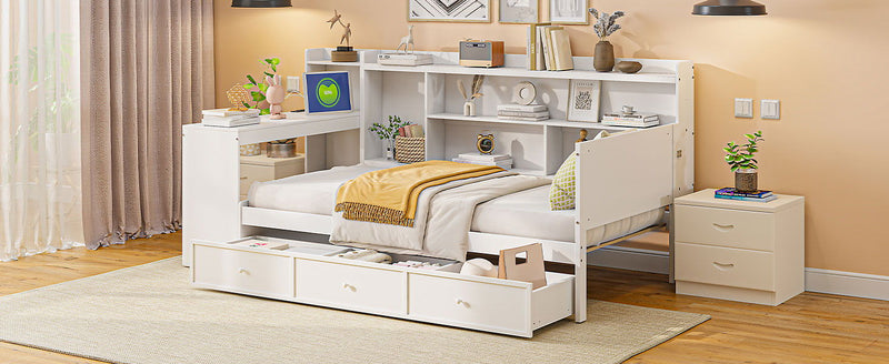 Twin Size Wooden Daybed With 3 Drawers, USB Ports And Desk - White