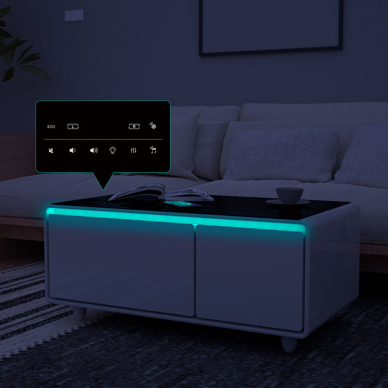 Modern Smart Coffee Table With Built-In Fridge, Bluetooth Speaker, Wireless Charging, Touch Control Panel, USB Ports, Outlet Protection, Atmosphere Light - White