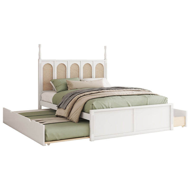 Rattan Platform Bed With With 2 Big Drawers With Trundle