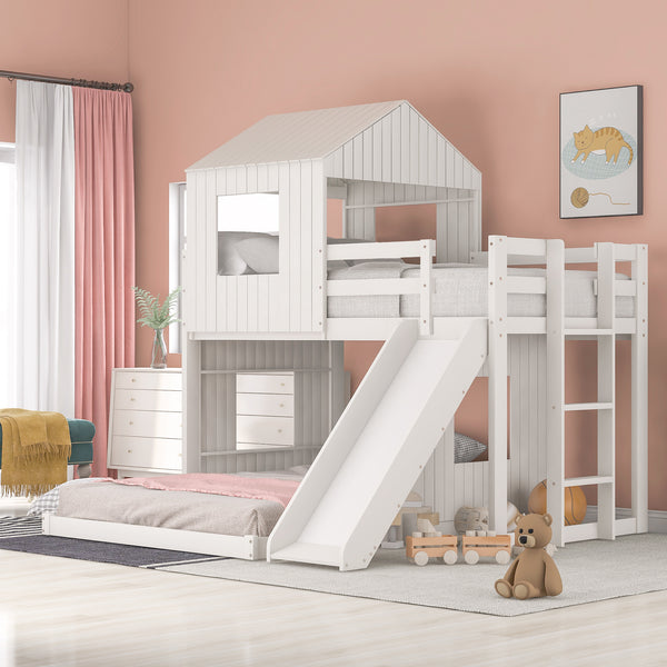 Wooden Twin Over Full Bunk Bed, Loft Bed with Playhouse, Farmhouse, Ladder, Slide and Guardrails, White(OLD SKU :LT000028AAK)