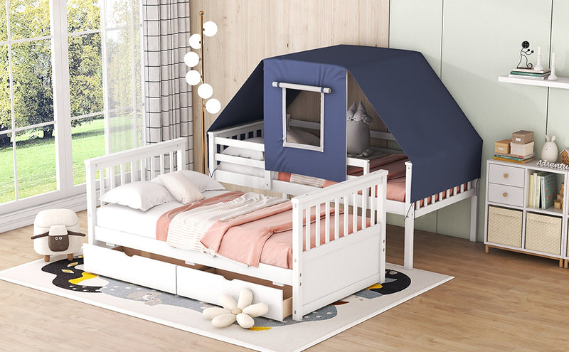 Twin Over Twin Bunk Bed Wood Bed with Tent and Drawers, White+Blue Tent