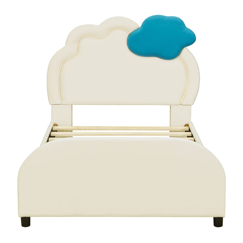 Twin Size Upholstered Platform Bed with Cloud-Shaped Headboard and Embedded Light Stripe, Velvet, Beige