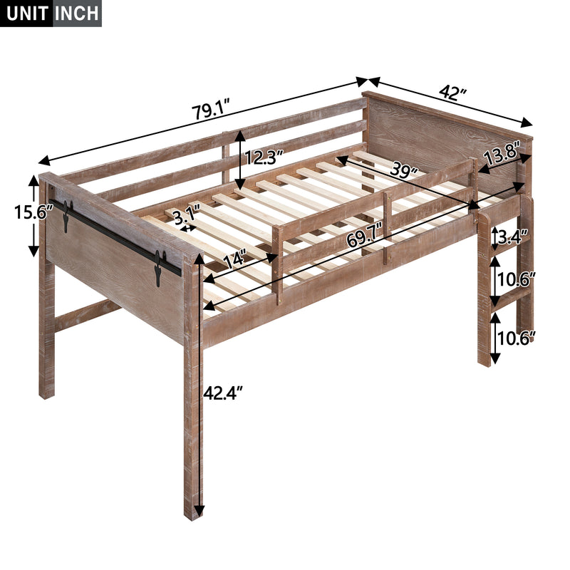 Wood Twin Size Loft Bed with Hanging Clothes Racks, White Rustic Natural