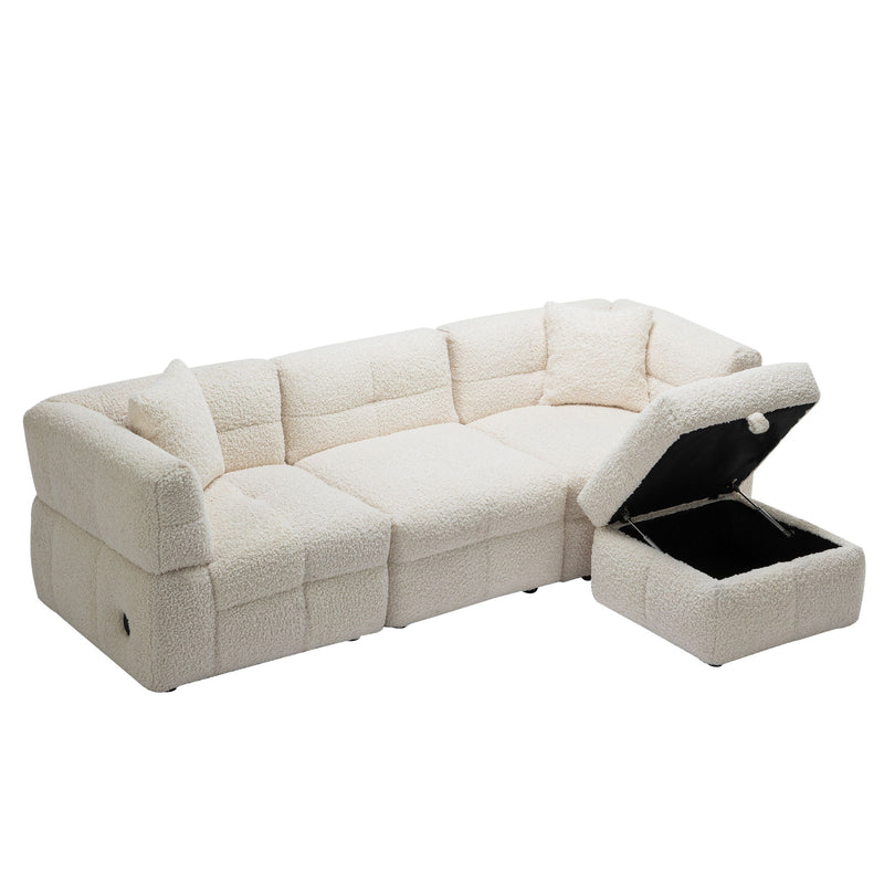 Sectional Sofa Cozy Teddy Fleece Sectional Sofa Couch With Two USB Ports A Movable Storage Ottoman And Two Lumbar Pillows For Living Room