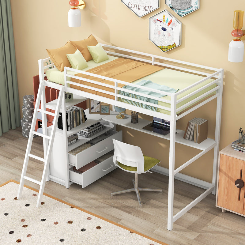 Twin Size Metal&Wood Loft Bed with Desk and Shelves, Two Built-in Drawers, White