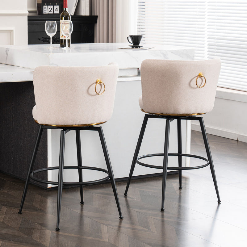 Beige Swivel Bar Stools, High-Back, Adjustable, Upholstered With Elegant Metal Back Accents For Kitchen, Bar, Or Dining Room (Set of 2) - Beige