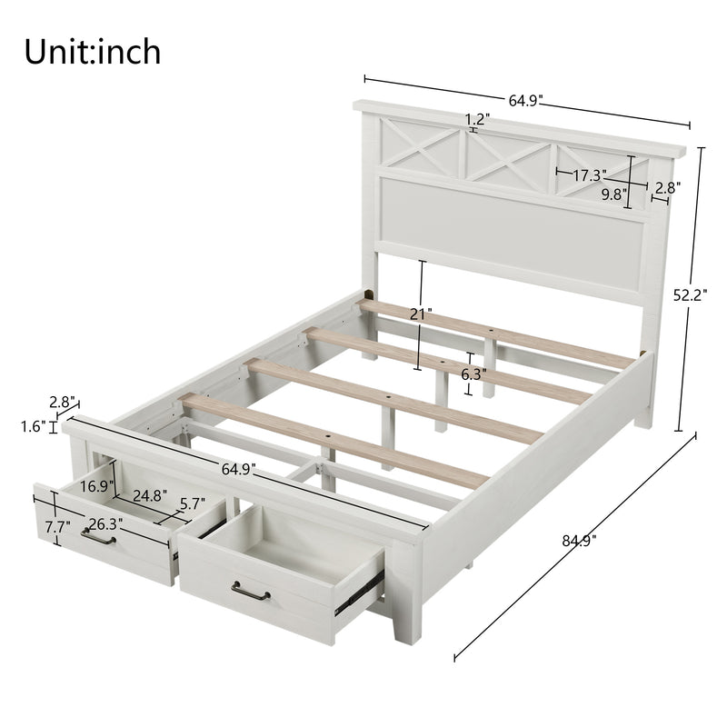 Rustic Farmhouse Style Whitewash Queen Storage Panel Bed with Two Drawers, White(old sku:BS301592AAK)