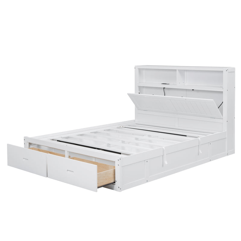 Wood Queen Size Hydraulic Platform Bed with Storage LED Headboard, Charging Station and 2 Drawers, White