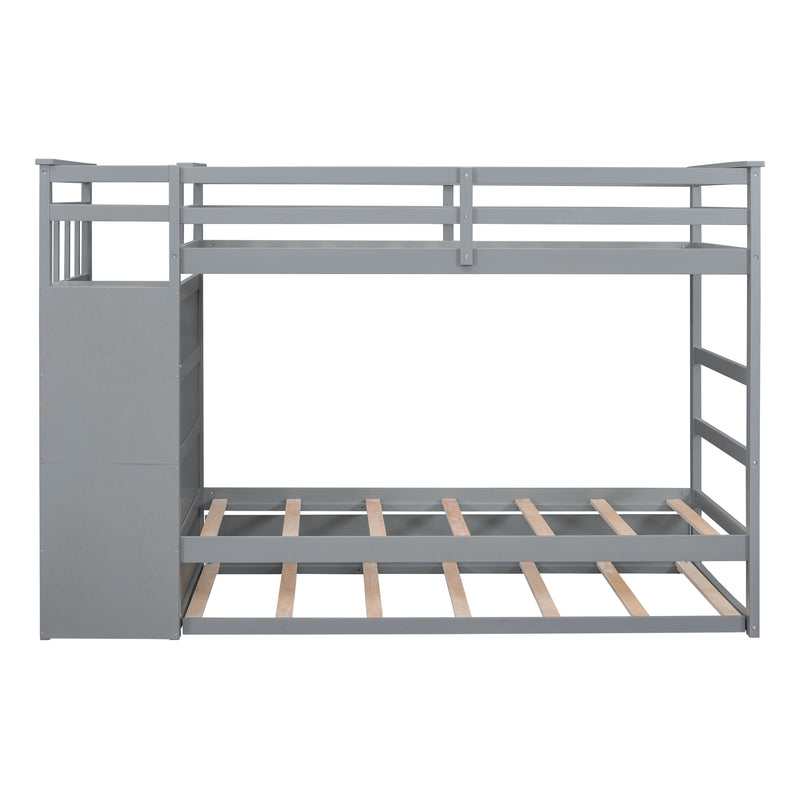 Twin Over Twin Bunk Bed with Trundle and Staircase,Gray(OLD SKU:LT000068AAE)