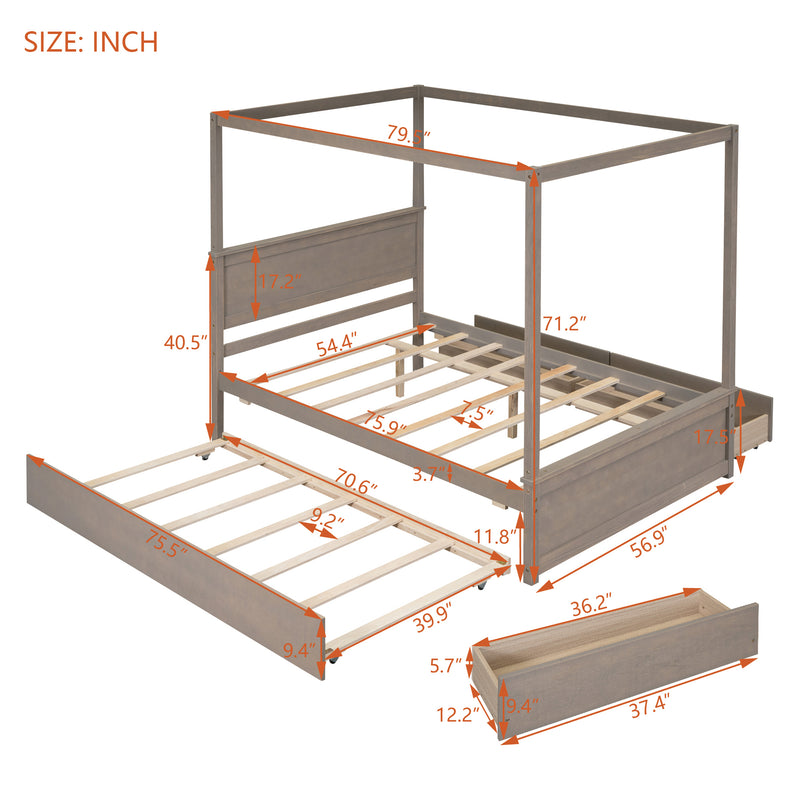 Wood Canopy Bed with Trundle Bed and two Drawers ,Full Size Canopy Platform bed With Support Slats .No Box Spring Needed, Brushed Light Brown