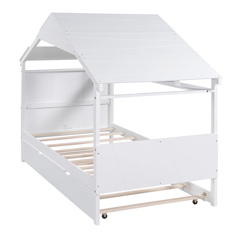 Wood Twin Size House Bed with Trundle and Storage, White