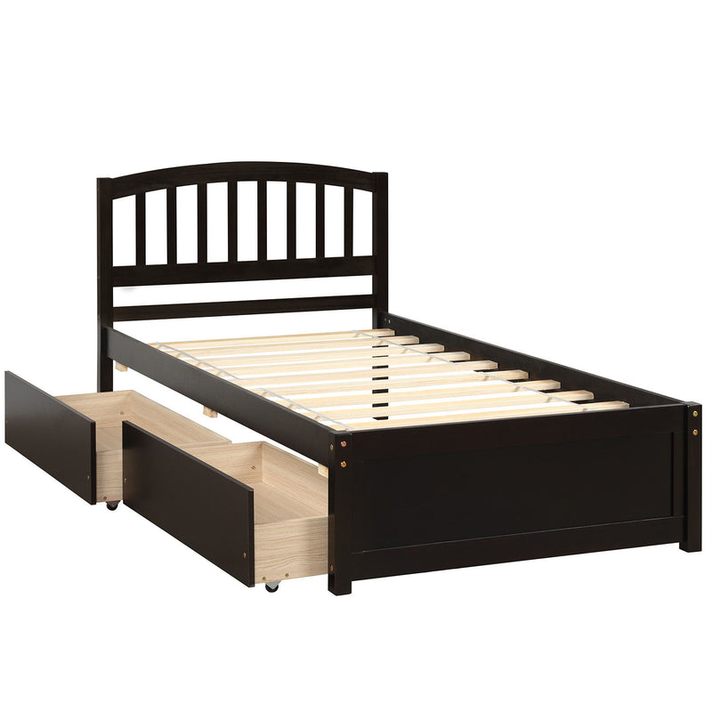 Twin Platform Storage Bed Wood Bed Frame With Two Drawers And Headboard - Espresso