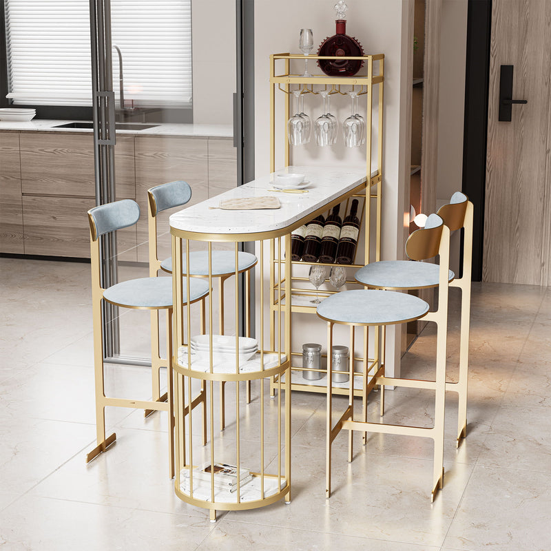 Modern White Kitchen Bar Height Dining Table Wood Breakfast Pub Table With Base With Shelves, Glass Rack, Wine Bottle Rack - White / Gold